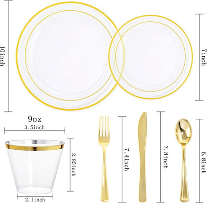 bUCLA 300Pcs Clear Gold Plastic Disposable Dinnerware Set - Clear Plates with Gold Trim Include 50 Dinner / 50 Dessert Plates,50 Cups,150 Plastic Silverware Set for Party, Fall & Thanksgiving