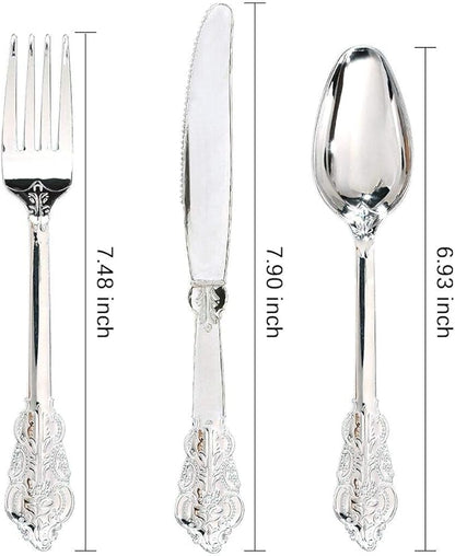 WDF 360 Pieces Silver Plastic Silverware- Disposable Flatware - Heavyweight Plastic Cutlery- Includes 120 Forks, 120 Spoons, 120 Knives for Christmas