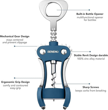 Beneno Wine Opener, Zinc Alloy Premium Wing Corkscrew with Multifunctional Bottles Opener, Sharp Wine Corkscrew with Ergonomic Non-Slip Wing Handle, Blue