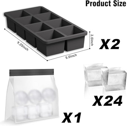 Samuelworld Large Silicone Ice Cube Tray Molds, Big 2 Inch Cubes 3 Pack- Food Grade, Flexible, 8 Cavity Easy Release Slow Melting Ice for Whiskey, Cocktails, Gifts & Christmas - Black (Ice Bag)