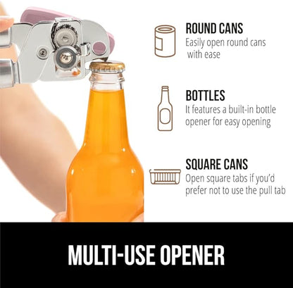 GORILLA GRIP Heavy Duty Stainless Steel Smooth Edge Manual Can Opener and Bottle Openers, Soft Comfortable Handle, Oversized Handheld Turn Knob, US Designed Multifunctional Kitchen Tool, Pink