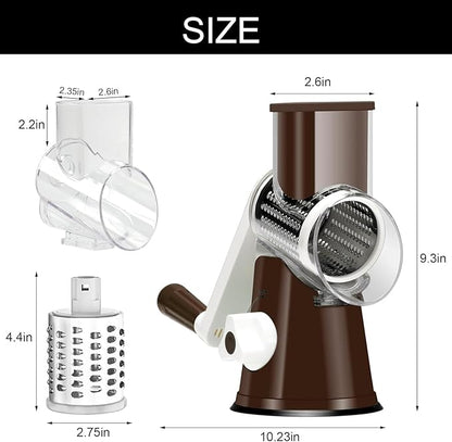 Cambom Rotary Cheese Grater Hand Crank Cheese Shredder for Fresh Cheese, Vegetable, Nuts,Non-slip Suction Base, Free Cleaning Brush Three Blades, Coffe Color