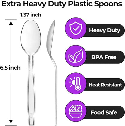 [100 Count] Clear Plastic Spoons Heavy Duty Disposable Spoon Reusable Bulk Plastic Utensils Sturdy Cutlery Set Durable Plasticware Silverware for Party,Every Day Use,Picnic,Camping,Wedding,Barbecues