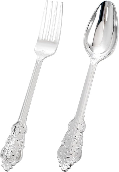 BUCLA 200PCS Silver Plastic Forks and Spoons - Plastic Silverware Baroque - Disposable Silverware Heavy Duty - 100PCS Silver Forks and 100PCS Spoons for Weddings, Christmas and Party