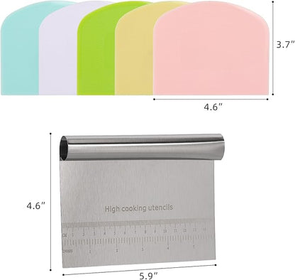 6 Pcs Bench Scraper Dough Scraper, Stainless Steel Scraper/Chopper & Plastic Dough Cutter for Bread Cake Pastry Sourdough