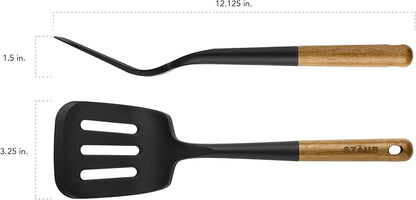 STAUB Silicone Spatula Turner, Perfectly Angled for Lifting Pancakes, Sandwiches and Picking up Veggies Durable BPA-Free Matte Black Silicone, Acacia Wood Handles, Safe for Nonstick Cooking Surfaces