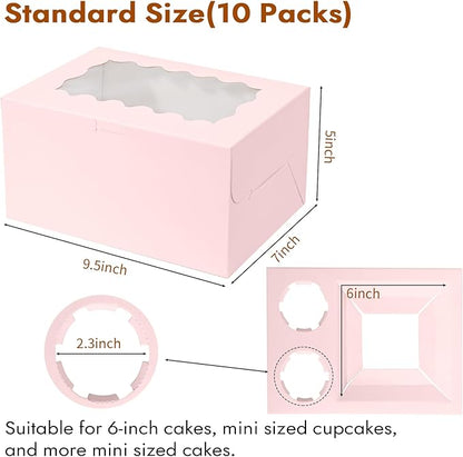 Pink 10 Packs cajas para postres and Cupcake Box 3 Holes Fit 2 Cupcakes and 1 Mini Cake Box with Clear Window and Stickers for Wedding Birthday Party Bakery pastry boxes(Pink, 1+2(10Pack))