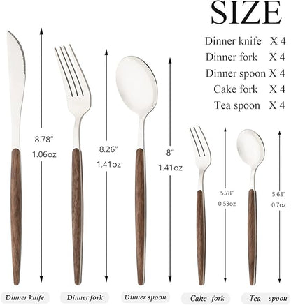20 Piece (4 Set) Wood Handle Silverware Set, Retro 18/0 Stainless Steel Cutlery Set, Kitchen Utensils Include Knife Fork Spoon, Mirror Polish, Silver