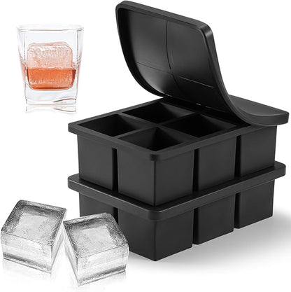 Nax Caki Large Ice Cube Tray with Lid Pack of 2, Stackable 2 Inch Big Silicone Square Ice Cube Mold for Whiskey Cocktails Bourbon Soups Frozen Treats, BPA Free
