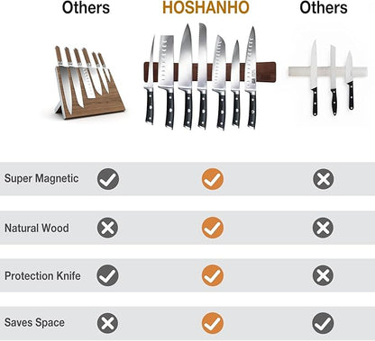 HOSHANHO Magnetic Knife Strips, Magnetic Knife Holder for Wall 16 Inch, Acacia Wood Knife Magnetic Strip Use as Knife Bar, Knife Holder for Kitchen Utensil Organizer