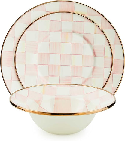 MACKENZIE-CHILDS Enamel Dinner 3-Piece Set, 10-Inch Round Serving Plate, 8-Salad/Dessert Plate, Breakfast Bowl, Rosy Check