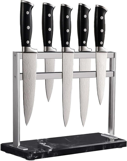 Magnetic Knife Block Stand - Marble Base Magnetic Knife Holder for Counter Top - Double Sided Knife Block without Knives - Stainless Steel Magnetic Kitchen knife holder - Black
