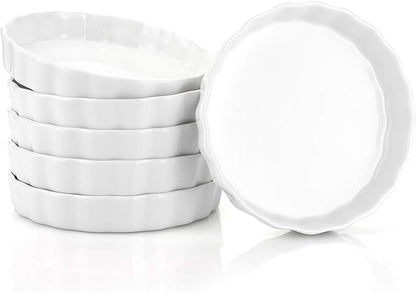Foraineam 6 Pack 8 Ounce Porcelain Creme Brulee Ramekins Mini Fluted Quiche Dishes, 6 Inch Tart Pan Round Pie Plates for Baking, Dishwasher and Oven Safe