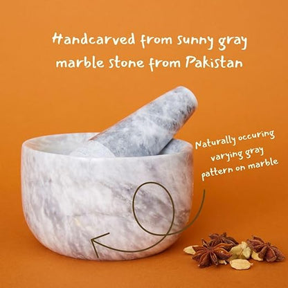 Kitchen Utensils & Gadgets, Seasoning & Spice Tools, Mortar Pestle Set, Grinder for Spices and Herbs, Kitchen Countertop, Small Spaces, Aesthetic, Sturdy, Round, 5" Wide, Gray White Marble Stone