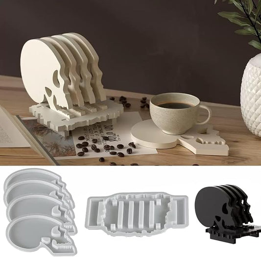 5 Pcs Skull Coaster Epoxy Resin Molds Silicone with Holder, Halloween Skull Coasters Molds Holder Set for Epoxy Resin, DIY Art Craft Cup Mats
