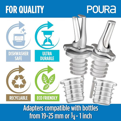 3-in-1 Liquor Bottle Pour Spouts with Built-in Fruit Fly Protection - BPA Free & Dishwasher Safe Hygienic Alcohol Pour Spouts - Also for Olive Oil - Silver 2 Pack with 2 Adapters for Large Bottles