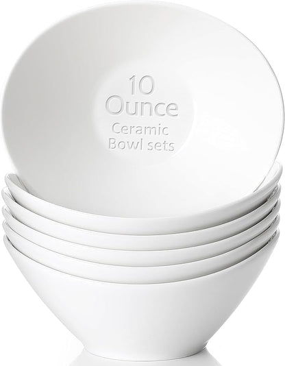Teocera 6 Inch Ceramic Breakfast Bowls Set of 6, 10 Ounce Small Yogurt Bowls for Salad, Soup, Dessert, Microwave & Dishwasher Safe - White