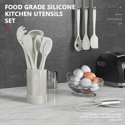 Silicone Cooking Utensils Set - 446°F Heat Resistant Silicone Kitchen Utensils,Spatula,Spoon, Kitchen Utensil Sets Gadgets Tools Set for Nonstick Cookware,Dishwasher Safe Bpa Free (Cream White)