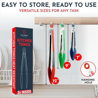 Kitchen Tongs for Cooking with Silicone Tips, Heat Resistant Tongs for Serving Food, 7-Inch, 9-Inch, 12-Inch Locking Silicone Tong, Set of 3 Salad Tong, Mulitcolor Kitchen Utensils