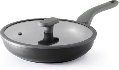 PRICUSIS Nonstick Ceramic Frying Pan with Lid, 8/10 Inch Skillet with Stay Cool Handle, Fully Coated, Induction Compatible & Oven Safe, 100% Dishwasher Safe, PTFE & PFOA Free（8 Inch, Black Sesame）