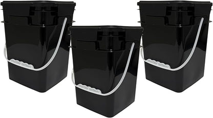 House Naturals 4 Gallon Square Food Grade Bucket Pail with Plastic Handles and Lid (Pack of 3) Made in USA containers (Black)