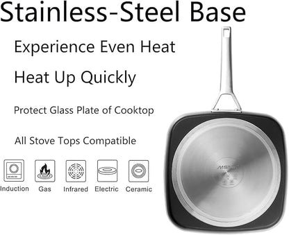 MsMk Square Grill Pan with Lid, 9.5 Inch Titanium and Ceramic Nonstick Grilling Skillet Pan，Stay-Cool Handle，Compatible with All Stovetops，PFOA Free，Dishwasher & Oven Safe，Indoor Chicken Skille