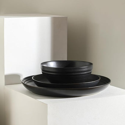 Stone Lain Elio 12-Piece Dinnerware Set Stoneware, Plates and Bowls Set, Dish Set for 4, Black