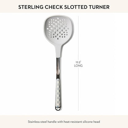 MACKENZIE-CHILDS Slotted Spoon, Silicone Turner for Cooking, Gray-and-White Sterling Check