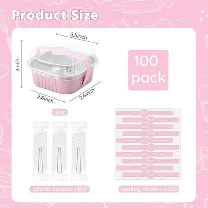 Ruckae 5oz 100 Pcs Square Mini Loaf Pans with Lids-Disposable Foil Dessert Containers,Mini Cake Pans with Lids,Aluminum Dessert Cups for Parties and Weddings (Pink, 5oz)