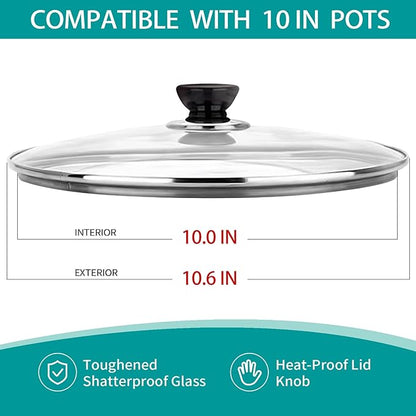 10 Inch Pan Lid, Universal Replacement Pot Lid for Frying Pans, Cast Iron Skillets, Tempered Glass Pan Cover with Steam Vent