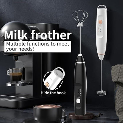 Milk Frother Handheld Foam Maker with 2 Stainless Stirring Head 3 Speed Rechargeable Electric Blender Milk Frother Wand Drink Mixer for Cappuccino Matcha Latte Hot Chocolate Protein Powder Egg (Black)