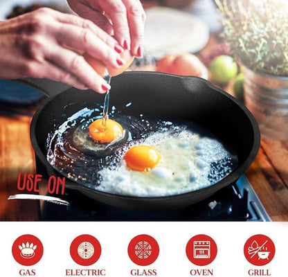 NutriChef Pre-Seasoned Cast Iron Skillet Pans - 3 Pieces Kitchen Frying Pan Nonstick Cookware Set w/Drip Spout - Includes Scraper - Electric Stovetop, Induction, Gas Range, Ceramic - NutriChef NCCI76