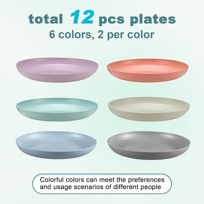 12 Pcs Unbreakable Deep Dinner Plates Set, 10 inch Reusable Plastic Wheat Straw Plates, Microwave and Dishwasher Safe Plate for Kitchen, Lightweight Plate for Dessert, BPA Free, 6 Colors