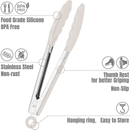 Hotec Mini Silicone Kitchen Tongs for Cooking - 7-Inch Small Serving Tongs with Silicone Tips, Set of 3 (Black,Grey,Khaki)