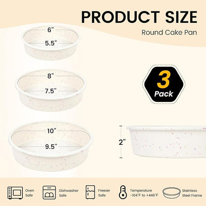 Vinino 3 Pack Round Cake Pan Set (6''/8''/10'') with Metal Reinforced Frame, Circle Cake Pan for Baking Nonstick Silicone Springform Pan for Baking Suitable for Making Layers, Cheese & Chocolate Cakes