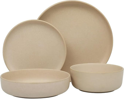 Gibson Elite Pasco 16 Piece (Service for 4) Plates and Bowls Double Bowl Reactive Glaze Dishes Stoneware Ceramic Dinnerware Set - Cream