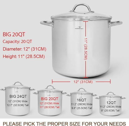 HOMICHEF Commercial Grade LARGE STOCK POT 20 Quart With Lid - Nickel Free Stainless Steel Cookware - Healthy Polished Stockpots - Heavy Duty Induction Soup Pot