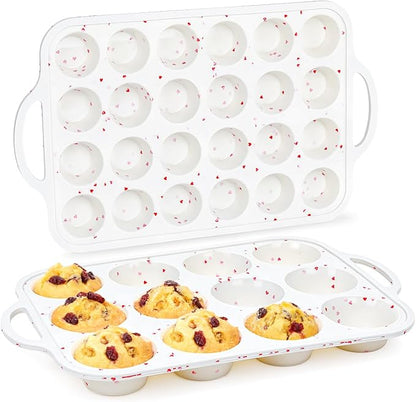 Silicone Muffin Pans for Baking, Metal Reinforced Frame Regular 24 Cups & Mini 12 Cups Cupcake Pan Nonstick Muffin Pan for Homemade Baking Easy to Handle
