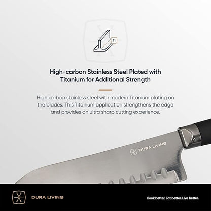 DURA LIVING Santoku Knife - 7 Inch Black Nonstick Titanium Plated Stainless Steel Ultra Sharp Blade, With Ergonomic Comfort Grip Handle Asian Chef's Knife, With Matching Sheath