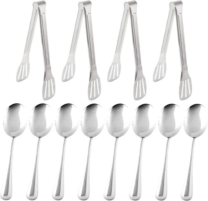 12PCS Stainless Steel Serving Utensils Sets,8 Large Serving Spoons,4 Serving Tongs,Silver Serving Utensills Sets for Buffet Catering Banquet Party (Silver)