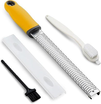 Koythin Zester, Lemon Zester & Cheese Grater with Brush, Heavy Duty Kitchen Tool for Zesting Citrus, Parmesan Cheese, Chocolate, Ginger, Fruits, Stainless Steel with Handle and Cover (Yellow)