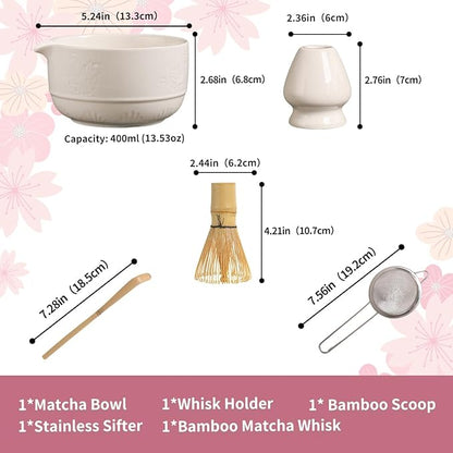 Matcha Tea Set, 5-Piece Ceramic Matcha Bowl & Whisk Kit with Cute Cat Pattern, Traditional Japanese Chawan, Scoop & Sifter, Perfect for Tea Ceremony, Gift for & Tea Lovers (white)