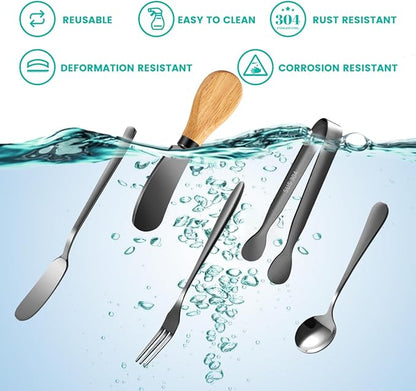 Charcuterie Board Accessories With 3 Oz Ceramic Dip Bowls, Wooden Handle Black Cheese Spreader Butter Knive Set Kit, Mini Tongs, Spoons, Forks,Honey Dipper, Cocktail Picks