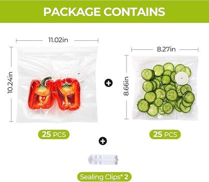 Reusable Vacuum Sealer Bags for Food with Air Valve, 50 Pack BPA‑Free Food Saver Bags Dishwasher‑Safe, Freezer,Microwave, Odor-Resistant, Leak‑proof for Leftovers, Meal Prep, Sous Vide, BBQ