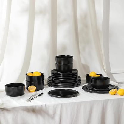 Stone Lain Eden 12-Piece Dinnerware Set Stoneware, Plates and Bowls Set, Dishwasher and Microwave Safe Dish, Dish Set for 4, Black