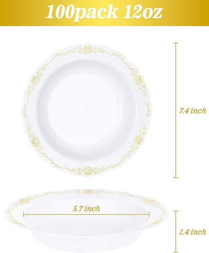 100 Pack White Plastic Bowls with Gold Rim, 12oz Disposable Soup Bowl, Heavy Duty Dinner Bowls for Party, Weddings, Dinners, Catering and Everyday Use