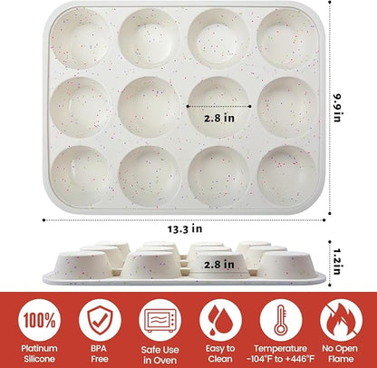 Silicone Muffin Pan, Metal Reinforced Frame Cupcake Pan 12 Cups Regular Size Easy to Move in or Out of Oven Non-Stick (1)