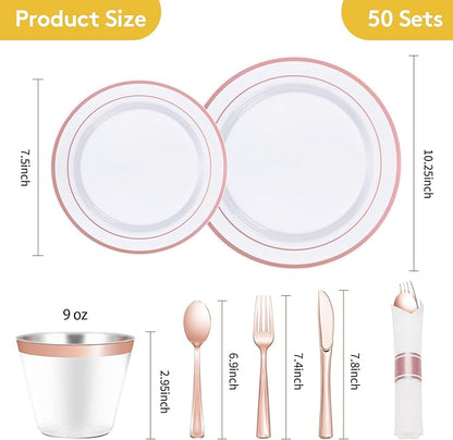Goodluck 350 Piece Rose Gold Plastic Dinnerware Set for 50 Guests, Fancy Disposable Plates for Party, Include: 50 Dinner Plates, 50 Dessert Plates, 50 Pre Rolled Napkins with Silverware, 50 Cups