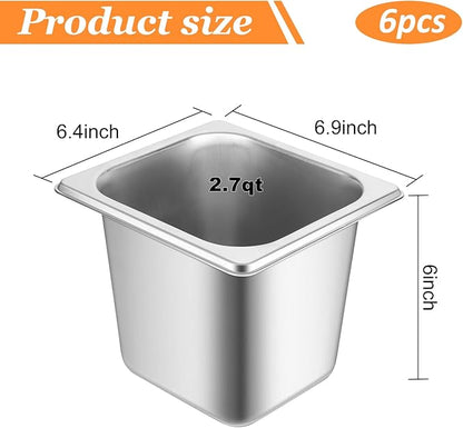6 Set Hotel Pan 1/6 Size 6 Inch Deep Stainless Steam Table Pans with Lids Stackable Commercial Anti Jam Metal Steam Tray Catering Food Storage Steel Pan for Hotel Restaurant Buffet Party Supplies