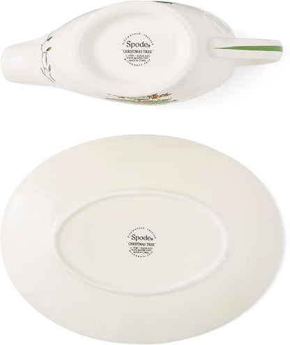 Spode Christmas Tree Gold 10 Oz Gravy Boat and Stand - Elegant Christmas Porcelain Sauce Boat, 22K Gold Accents, Luxurious Holiday Serveware for Gravy, Sauces, Festive Gatherings, Dishwasher Safe